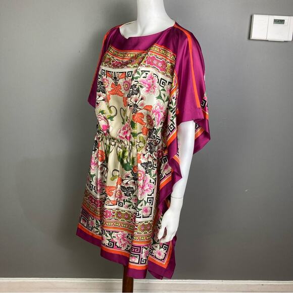 Josie Natori Kaftan dress tunic L / XL silk pattern luxury butterfly pink Asian - Picture 1 of 12